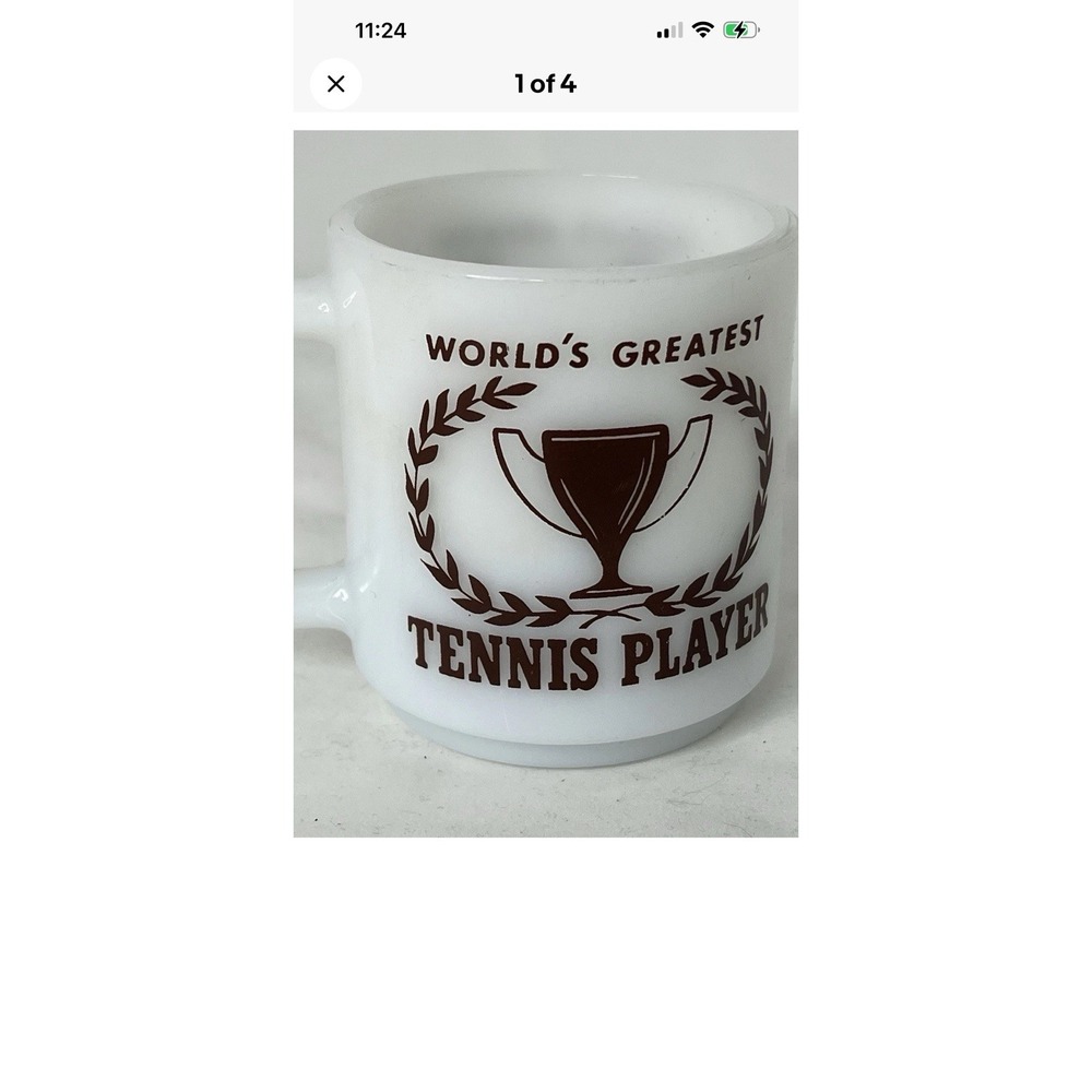 Vintage Glasbake Milk Glass Mug World's Greatest Tennis Player Coffee Cup USA